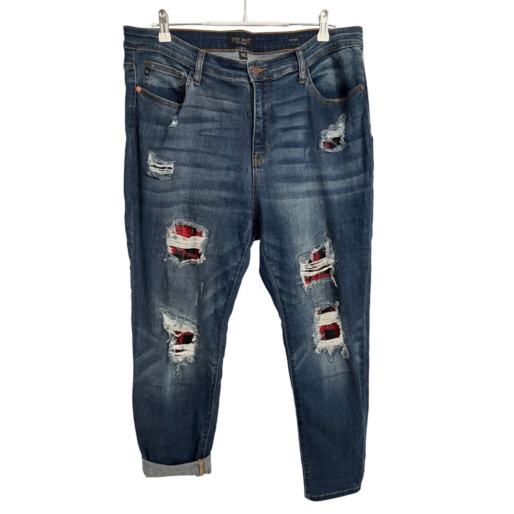 Judy‎ Blue Women's 1XL Skinny Fit Ripped Red Plaid Patches Grunge 90's Y2K Jeans
